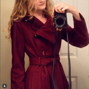 Guess wool asymmetrical military peacoat winter coat maroon XS